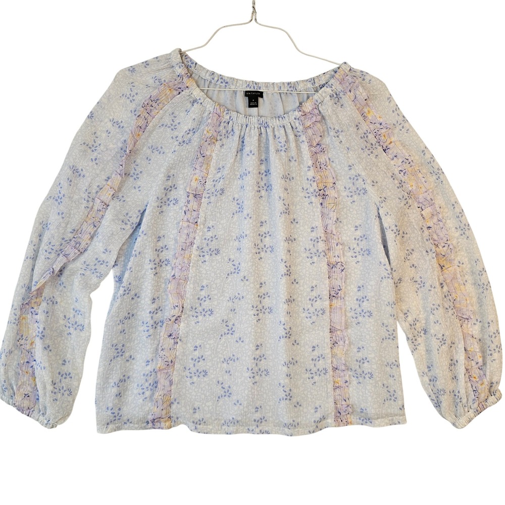 Ann Taylor Blue Floral Ruffle Crinkle Peasant Blouse Metallic Accents Medium